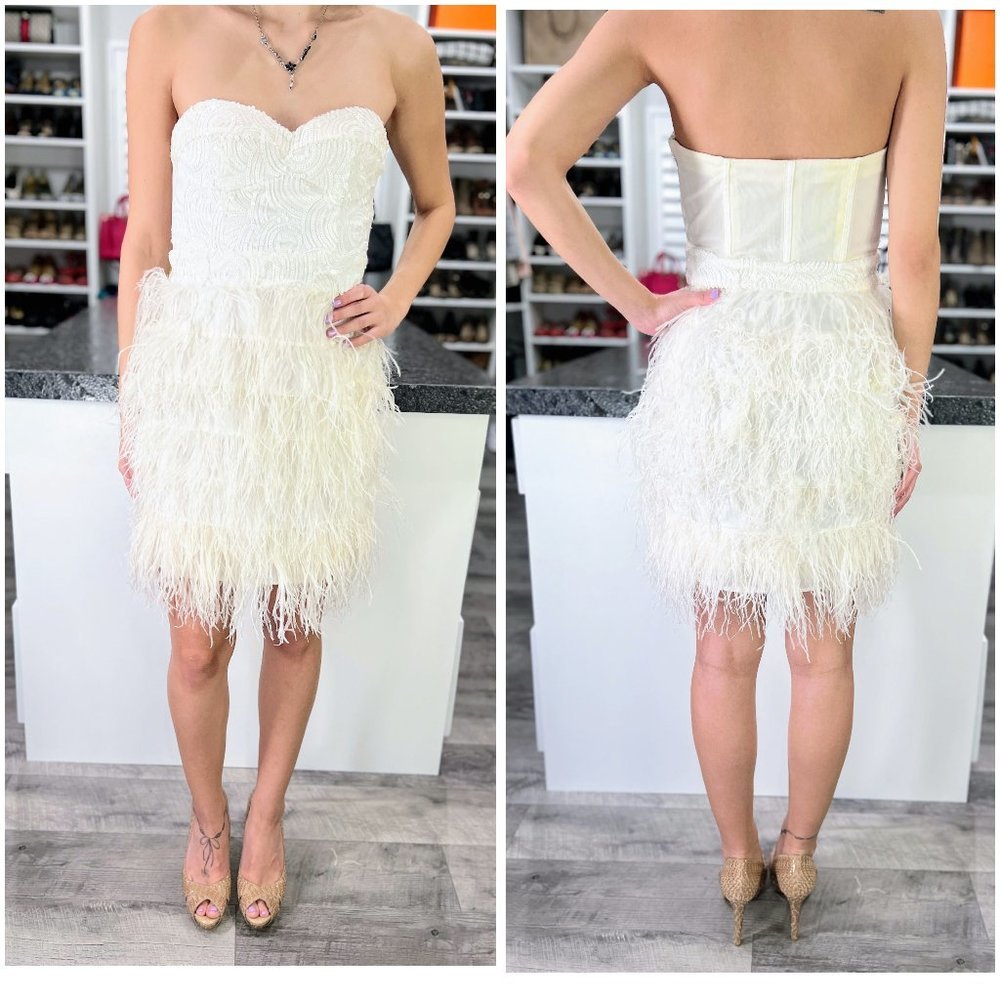 Bebe White Sequined Feather Skirt Strapless Dress $195